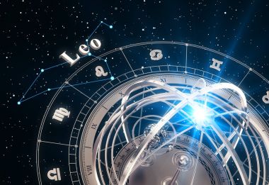 Zodyak işareti Leo ve siyah arka plan üzerine Armillary Küre