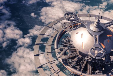 Bulutların üzerinde futuristik gökyüzü istasyonu