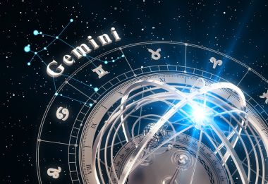 Zodyak işareti İkizler ve siyah arka plan üzerine Armillary Küre