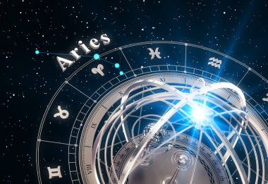 Zodyak işareti Koç ve siyah arka plan üzerine Armillary Küre