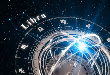 Zodyak işareti Terazi ve siyah arka plan üzerine Armillary Küre