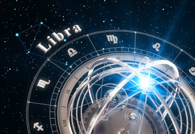 Zodiac Sign Libra And Armillary Sphere On Black Background clipart