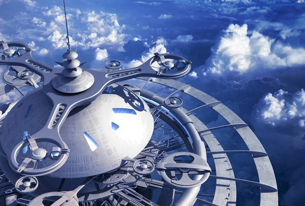 Stație de zbor futuristă deasupra norilor — Fotografie, imagine de stoc