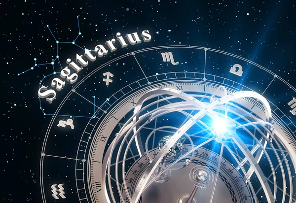 Zodiac Sign Sagittarius And Armillary Sphere On Black Background — Stok Foto