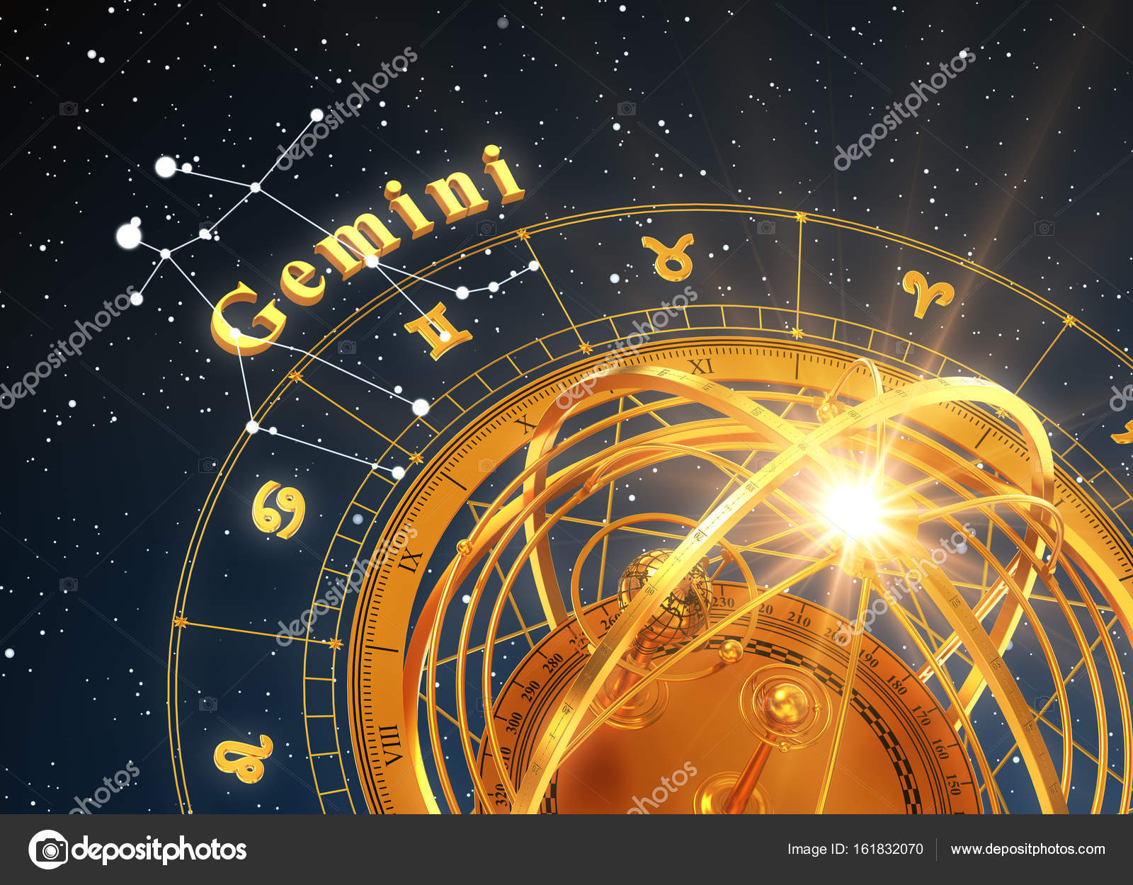 Zodiac Sign Gemini And Armillary Sphere On Blue Background Stock Photo by  ©3DSculptor 161832070