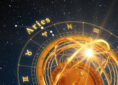 Zodyak işareti Koç ve Armillary küre mavi arka plan üzerinde