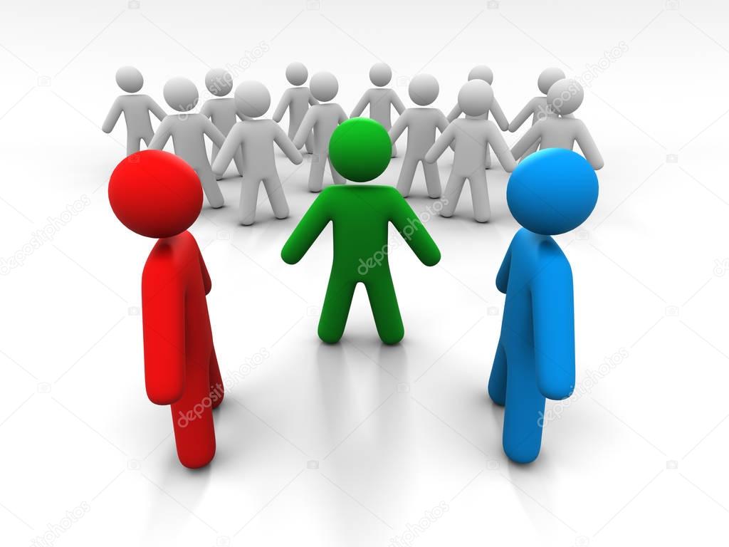 Concept Of Discussion Of Two Persons In The Presence Of A Third Person And A Crowd Of People