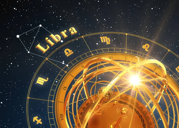 Libra znak zodiaku i sfera armilarna na niebieskim tle — Zdjęcie stockowe