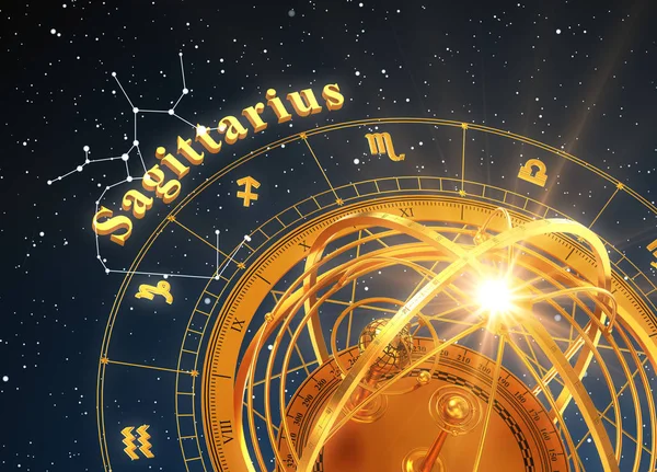 Segno zodiacale Sagittario e sfera armillare su sfondo blu — Foto Stock