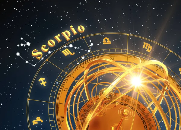 Esfera del signo del zodíaco Escorpio y armilar sobre fondo azul — Foto de Stock