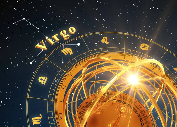 Segno zodiacale Vergine e sfera armillare su sfondo blu — Foto Stock