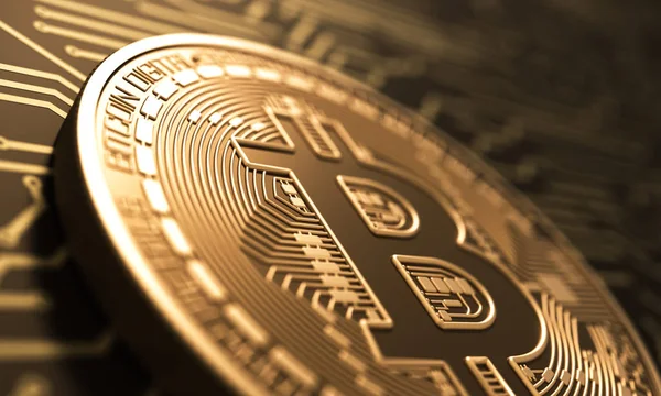 Віртуальна монетка Bitcoin на фоні друкованих плат — стокове фото