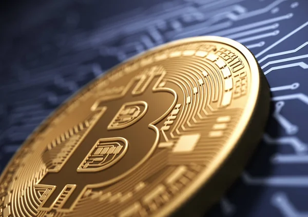 Virtuele munt Bitcoin op achtergrond van blauw afgedrukt printplaat — Stockfoto