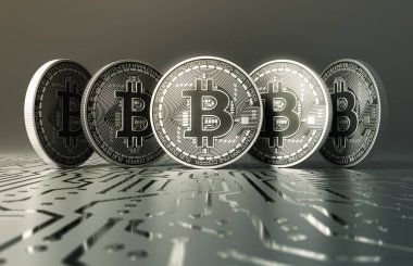 Baskılı devre kartı üzerinde beş sanal gümüş sikke Bitcoins