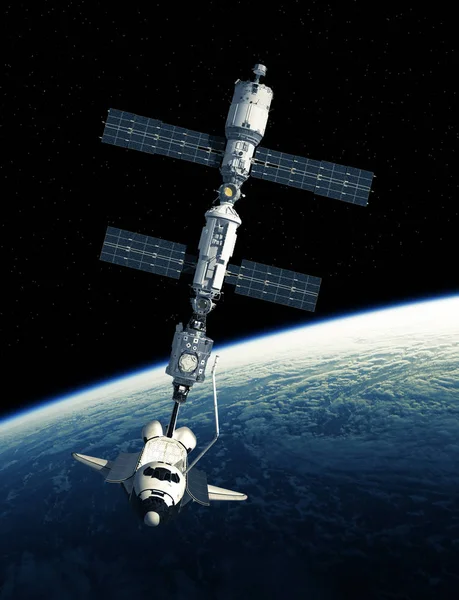 Space Shuttle, és a háttérben a Föld bolygó Nemzetközi Űrállomás — Stock Fotó