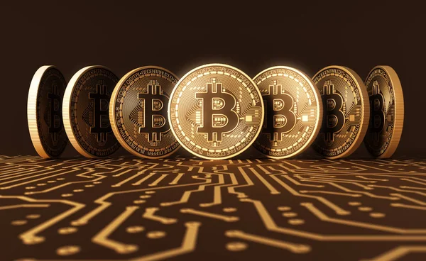 Zeven virtuele munten Bitcoins op printplaat — Stockfoto