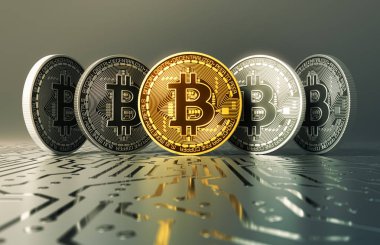 Altın ve gümüş sanal sikkeleri Bitcoins baskılı devre kartı üzerinde
