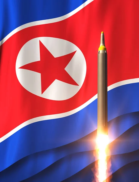 Rakieta na tle flaga Korei Północnej — Zdjęcie stockowe