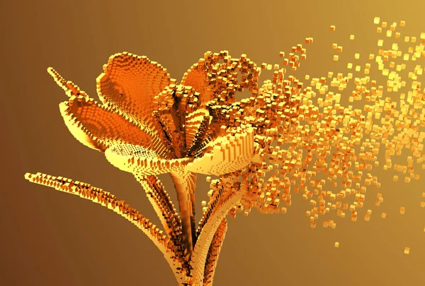Gold Digital Flower se dezintegrează în pixeli 3D — Fotografie, imagine de stoc