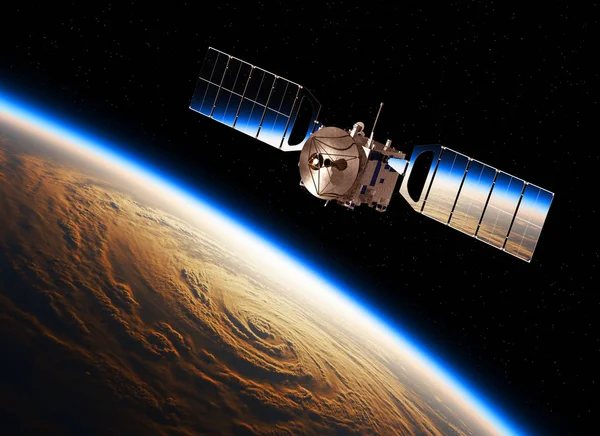 Weerspiegeling van de aarde In zonnepanelen van een satelliet van de ruimte — Stockfoto