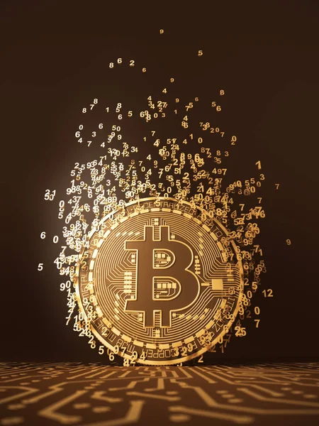 Віртуальна монетка Bitcoin випромінює частинок у вигляді чисел — стокове фото