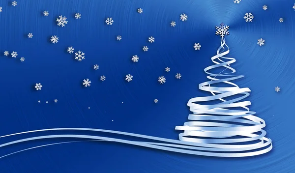 Pomul de Crăciun din benzi albe și fulgi de zăpadă deasupra fundalului albastru metalic — Fotografie, imagine de stoc