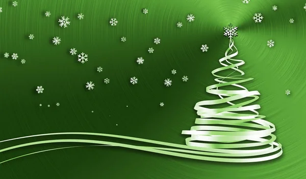 Рождественская елка из белых лент и снежинки на фоне зеленого металла — стоковое фото