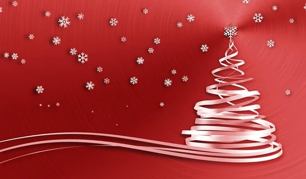 Pomul de Crăciun din benzi albe și fulgi de zăpadă peste fundalul metalic roșu — Fotografie, imagine de stoc