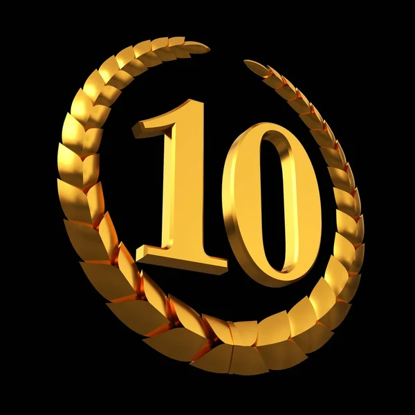 Couronne de laurier d'or anniversaire et numéral 10 sur fond noir — Photo