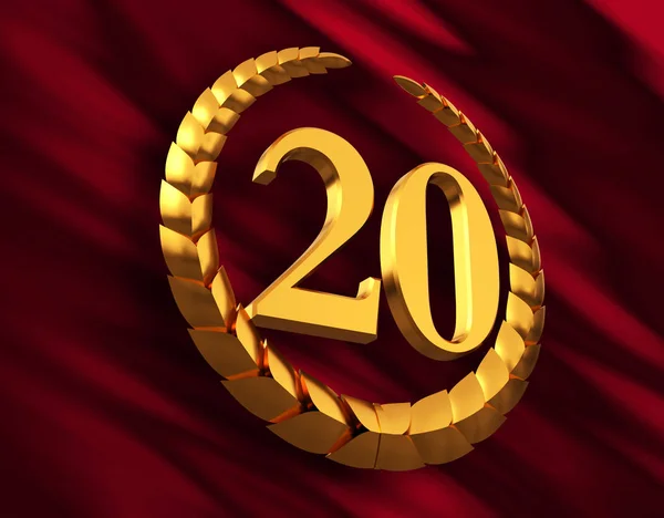Επέτειος χρυσή δάφνινο στεφάνι και το αριθμητικό ψηφίο 20 την κόκκινη σημαία — Φωτογραφία Αρχείου