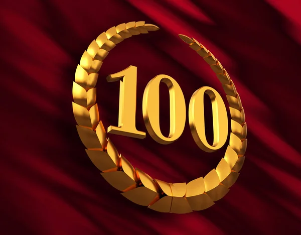 Årsdagen gyllene lagerkrans och siffran 100 på röd flagga — Stockfoto
