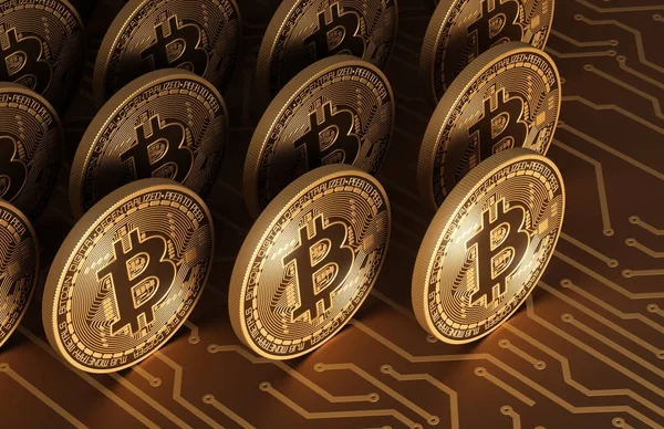 Віртуальний монети Bitcoins на друкованих плат — стокове фото