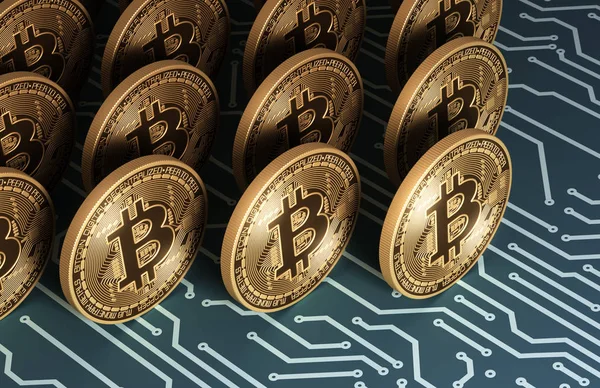 Virtuella guldmynt Bitcoins på blå kretskortet — Stockfoto