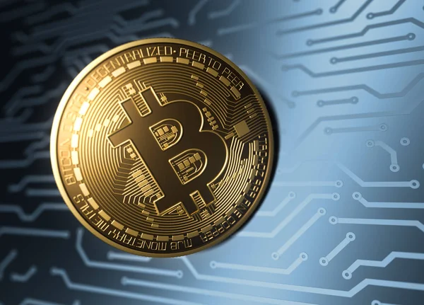 Virtuele munt Bitcoin en blauw afgedrukt printplaat — Stockfoto