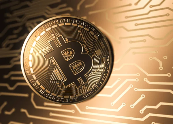 Virtuele munt Bitcoin en printplaat. — Stockfoto