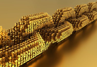 Blockchain kavramı. Birbirine bağlı 3d sayıların altın dijital zincir