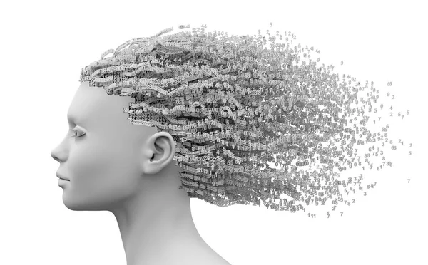 Голова красивої молодої жінки і 3D цифри як волосся — стокове фото