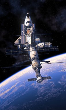 Uzay mekiği ve Dünya 'nın yörüngesindeki uzay istasyonu