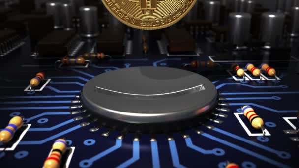 マザーボード上のコンピューター プロセッサのようなコイン スロットに Bitcoin を入れています アニメーション — ストック動画