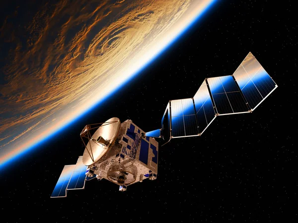 Weerspiegeling van de aarde In ingezet zonnepanelen van een satelliet van de ruimte — Stockfoto