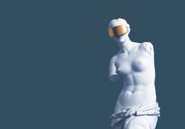 Mavi Arkaplanda Altın Vr gözlüklü 3D Afrodit. Sanal Sanat Konsepti.