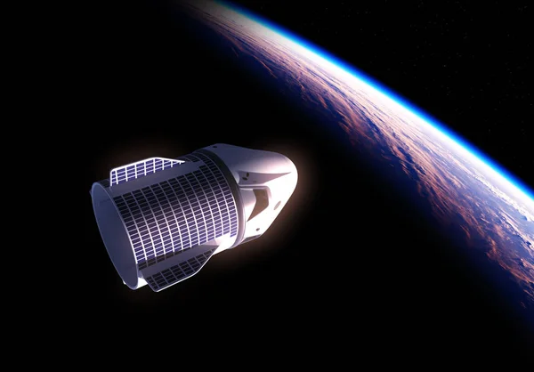 Obchodní kosmická loď ve stínu planety Země — Stock fotografie