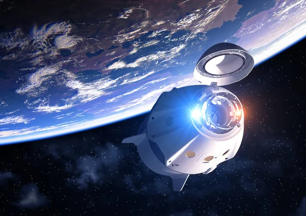 オープンドッキングハッチを持つ商業宇宙船｜Orbiting Planet Earth — ストック写真