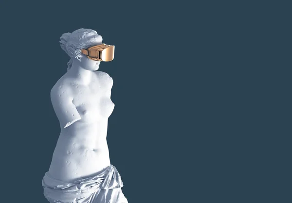 Modelo 3D Afrodita con gafas doradas VR sobre fondo azul. Concepto de Arte y Realidad Virtual . — Foto de Stock