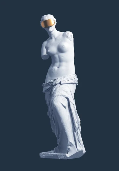 Modèle 3D Aphrodite avec des lunettes VR dorées sur fond bleu. Concept d'art à l'intérieur de la réalité virtuelle . — Photo