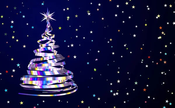 Árbol de Navidad de cintas metálicas del espectro en el fondo de Star Confetti — Foto de Stock