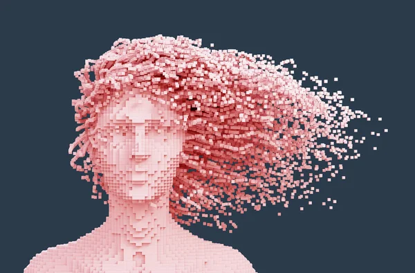 Rosa Pixelated testa di donna e 3D Pixel come capelli su sfondo blu — Foto Stock