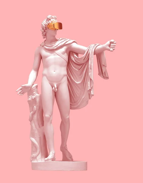 ピンクの背景に金色の仮想現実メガネを持つ3Dモデルのアポロ。アートと仮想現実の概念. — ストック写真
