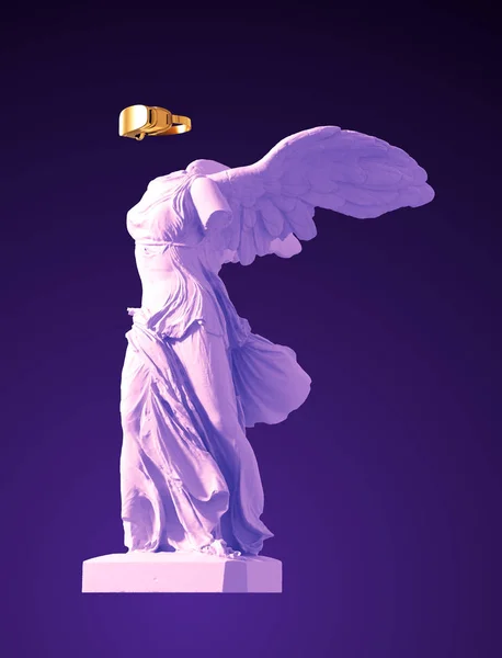 3D Model Of Winged Victory With Golden VR Glasses On Purple Background. Concept Of Art Inside Virtual Reality. — Stock Photo, Image
