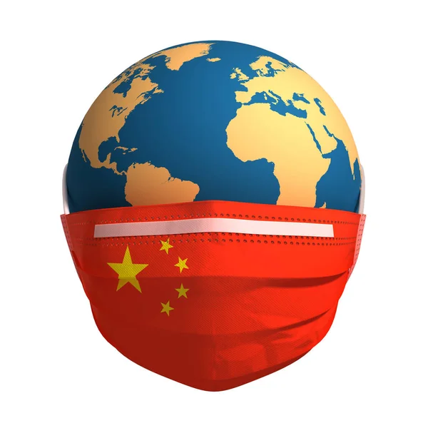 Земля в медицинской маске с флагом Китая — стоковое фото